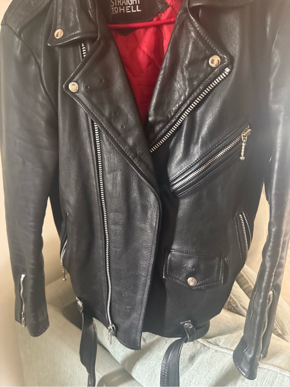Straight To Hell Men's Black Leather Biker Jacket with Red Lining
